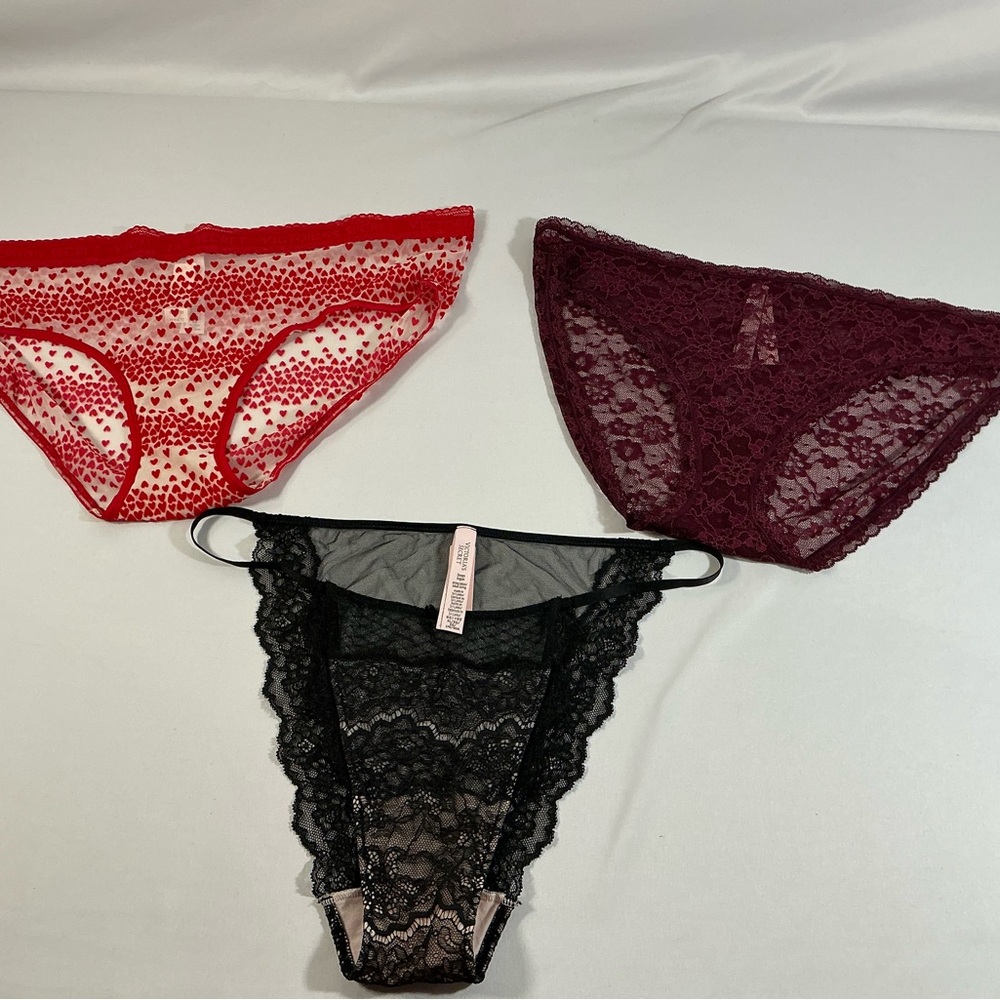 Victoria's Secret Red, Wine & Black Lace Panty Trio